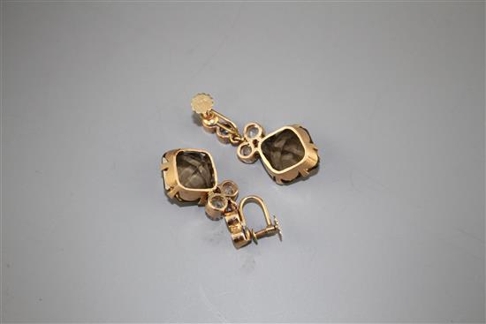 A pair of 9ct, smoky quartz and white paste set drop ear clips, drop 37mm, gross weight 13.5 grams.